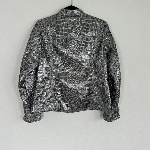 Chico's Woman's Silver Metallic Stone Print Zip Up Motorcycle Jacket Size 1 NWOT - Picture 2 of 11